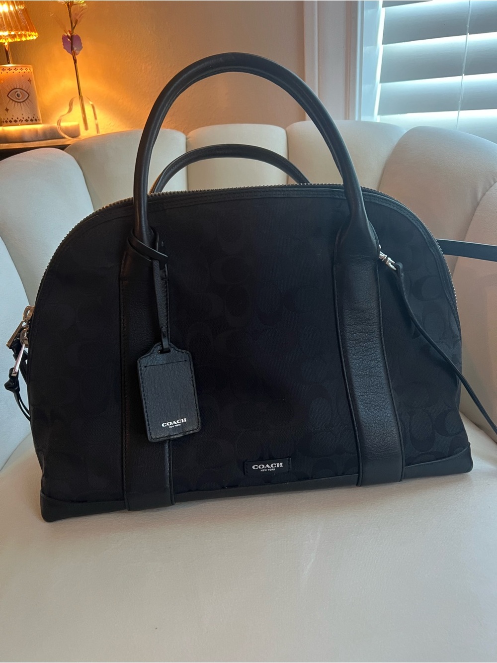 Coach Black Signature Dome Satchel with Leather Trim